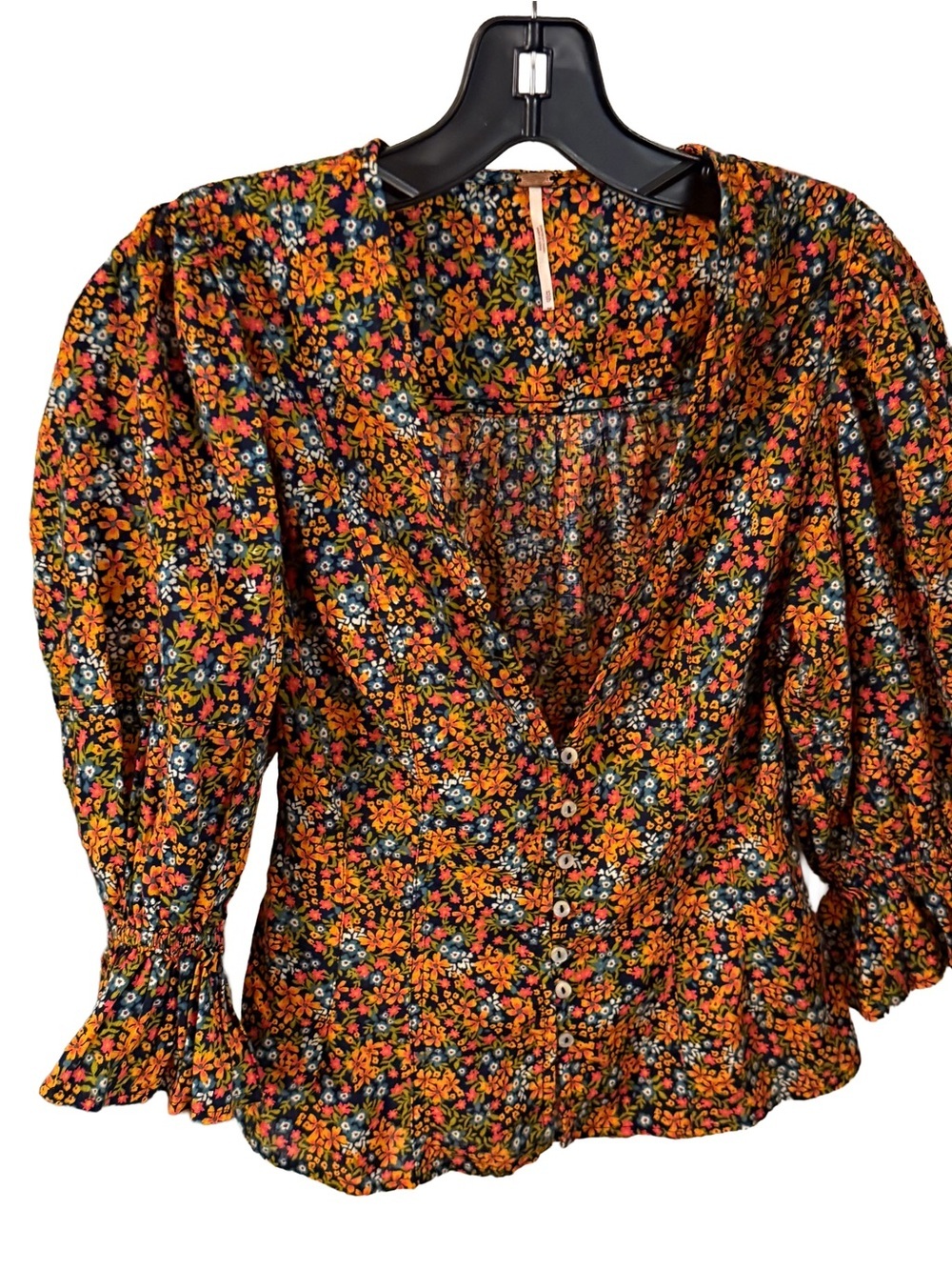 Free People I Found You Floral Top puff sleeve peasant shirt Button Up Sz XS